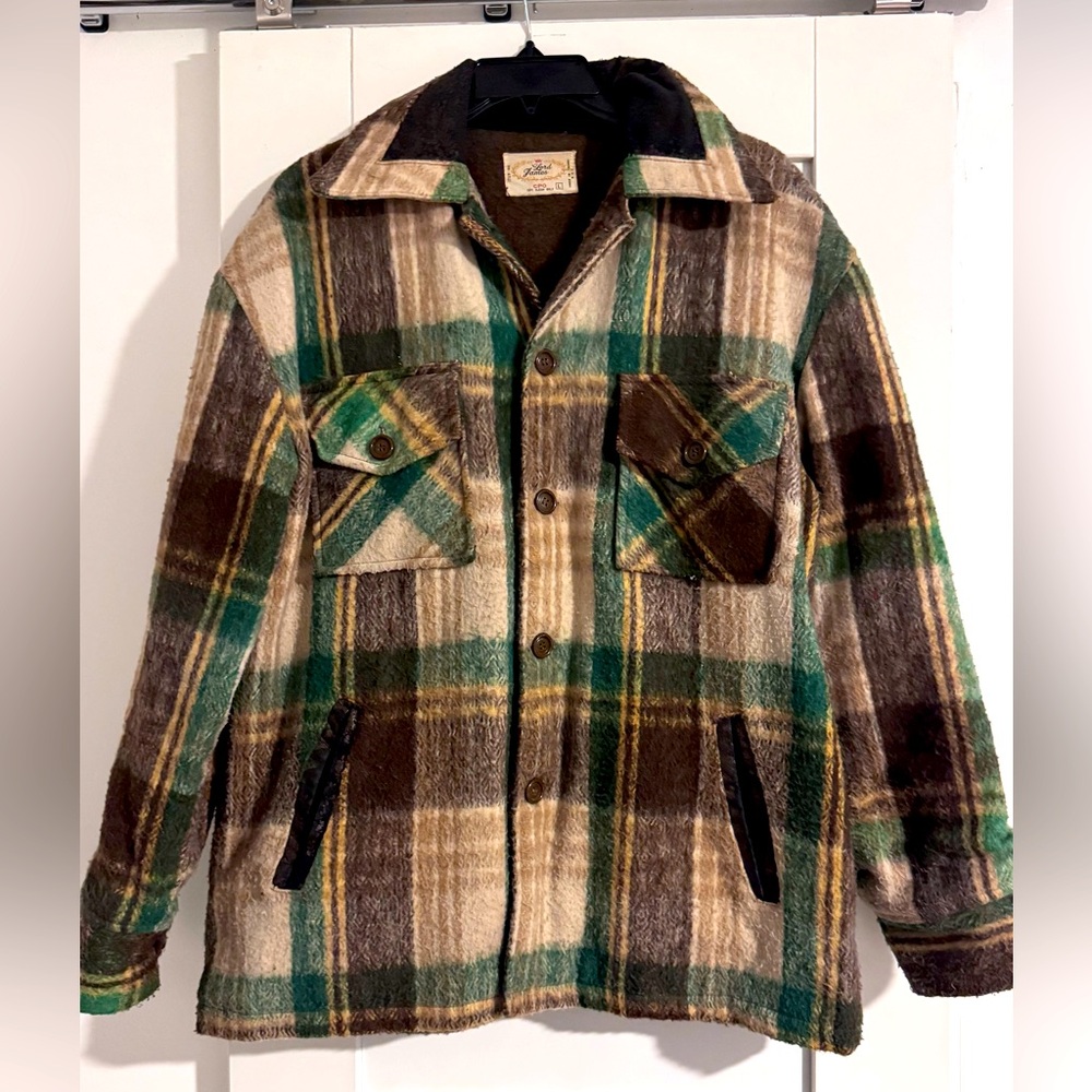 Vintage 60s:70s Men's CPO Jacket Brown Plaid Woolen Blend- Size L
